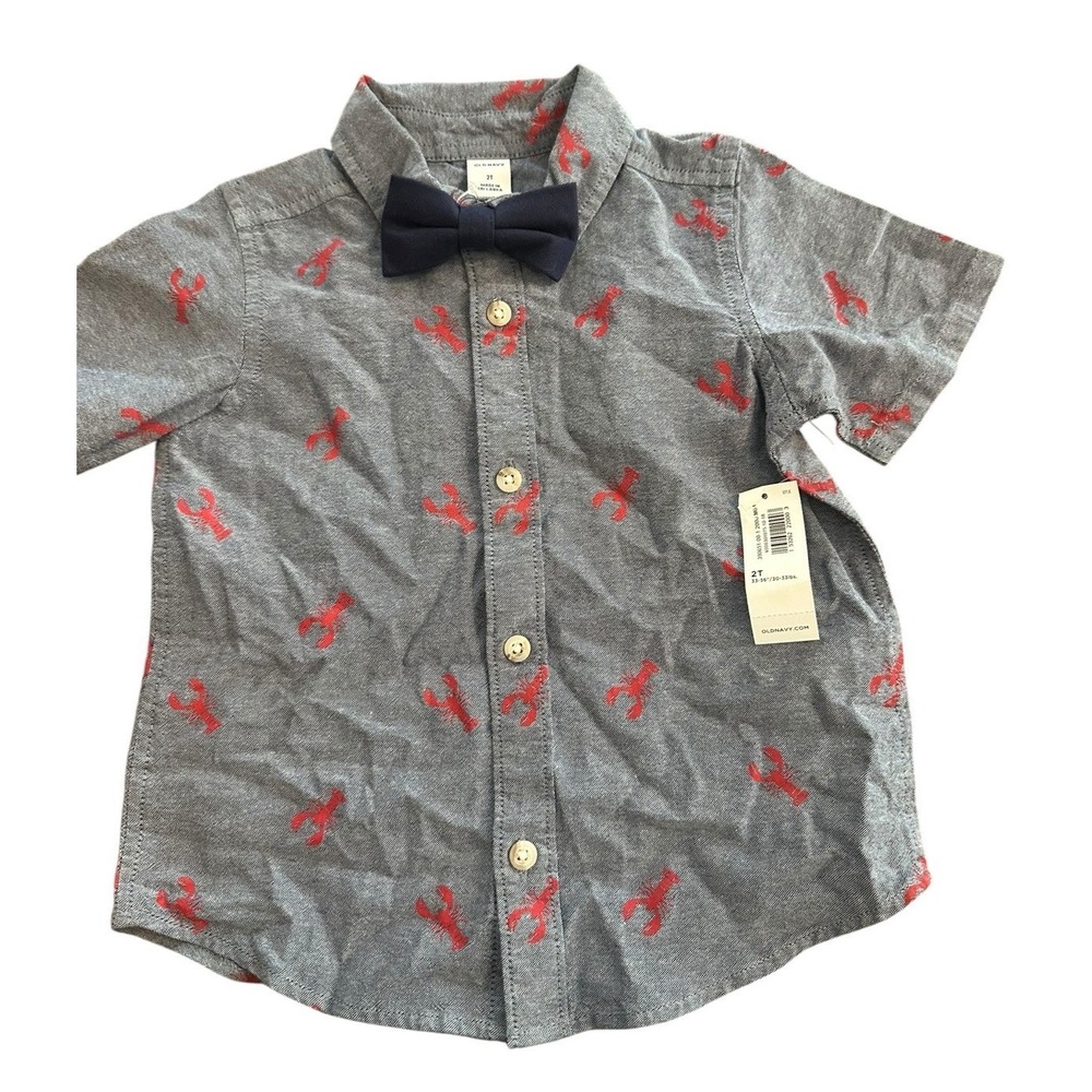 Old Navy Lobster Print Shirt Button Up Bow Tie Toddler 2T NEW Chambray Cotton